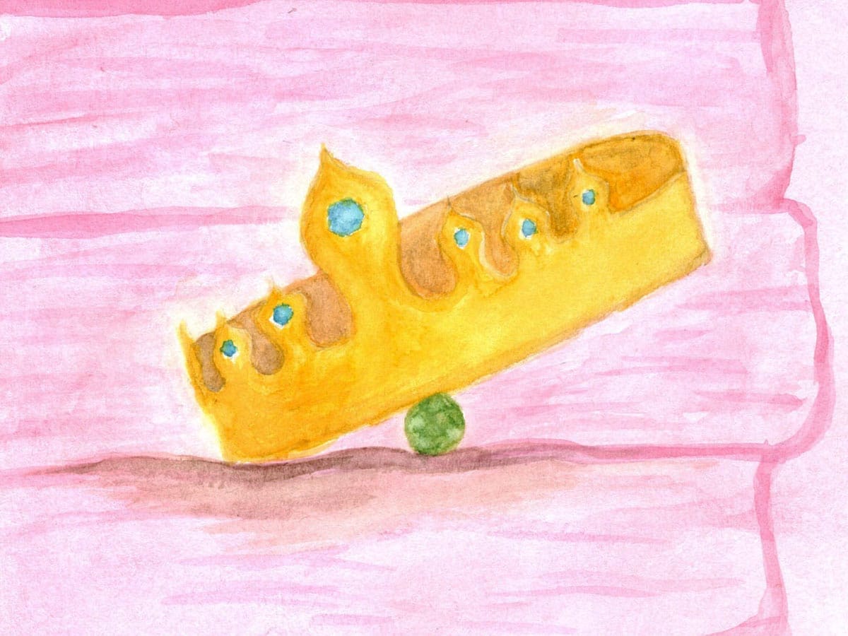 Watercolor of crown, pea and mattresses for Princess and the Pea Story