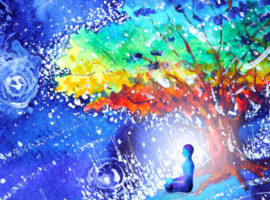 Trusting your intuition workshop. A person sits in meditation under a rainbow colored tree with a starry night sky surrounding them.