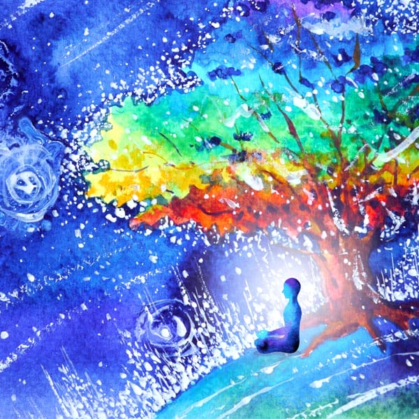 Trusting your intuition workshop. A person sits in meditation under a rainbow colored tree with a starry night sky surrounding them.