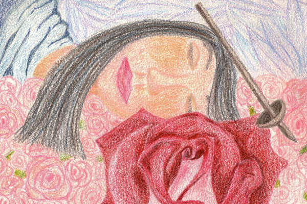 Little Briar Rose asleep on a bed of roses with a spindle propped against her head waking to be woken from her creative sleep.
