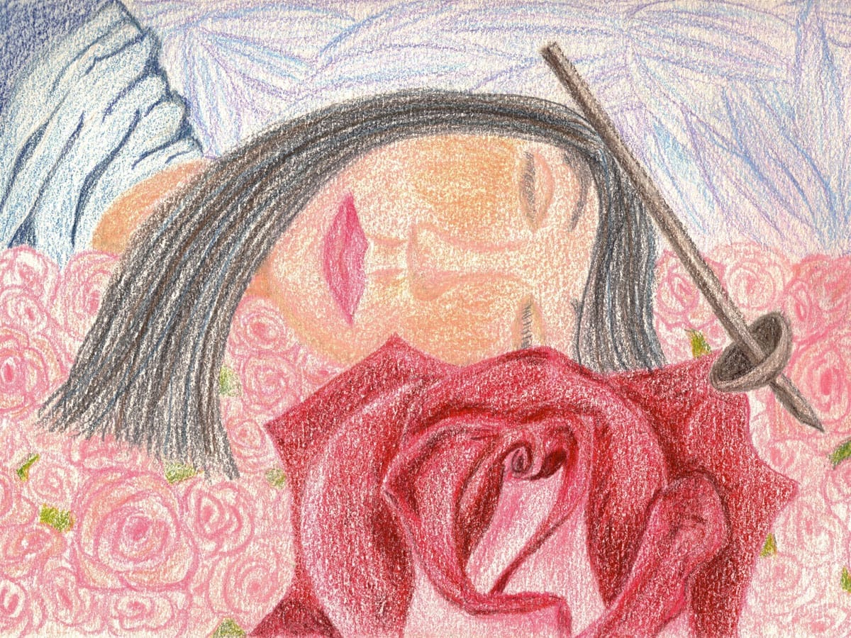 Little Briar Rose asleep on a bed of roses with a spindle propped against her head waking to be woken from her creative sleep.
