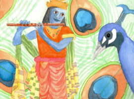 Watercolor painting of Krishna playing the flute with a peacock listening and peacock feathers in the background for Stacey Couch Bhagavad Gita Workshop.