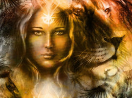Introduction to shamanism workshop. Image of a woman with a lion and songbird.