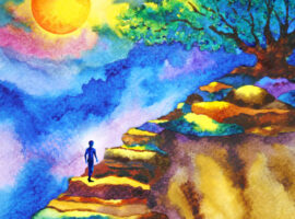shamanism workshop. shamanic journey workshop. Watercolor of a person climbing stairs to a tree with the sun lighting the way.