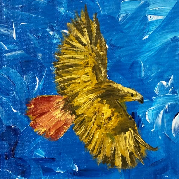 spirit animal workshop with Stacey Couch. Painting of a red-tailed hawk on a blue sky.
