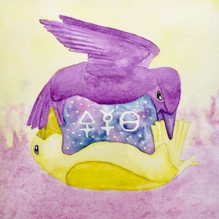 Alchemical journeys workshop with Stacey Couch. Watercolor image of purple bird and yellow bird in a circle