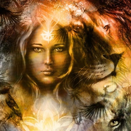 Introduction to shamanism workshop and the shamanic journey. Image of a woman with a lion and songbird.